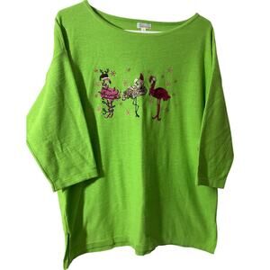NWT Cabana Cay Large Lime Sweater w/ Sequined Flamingos 3/4 Sleeves NWT